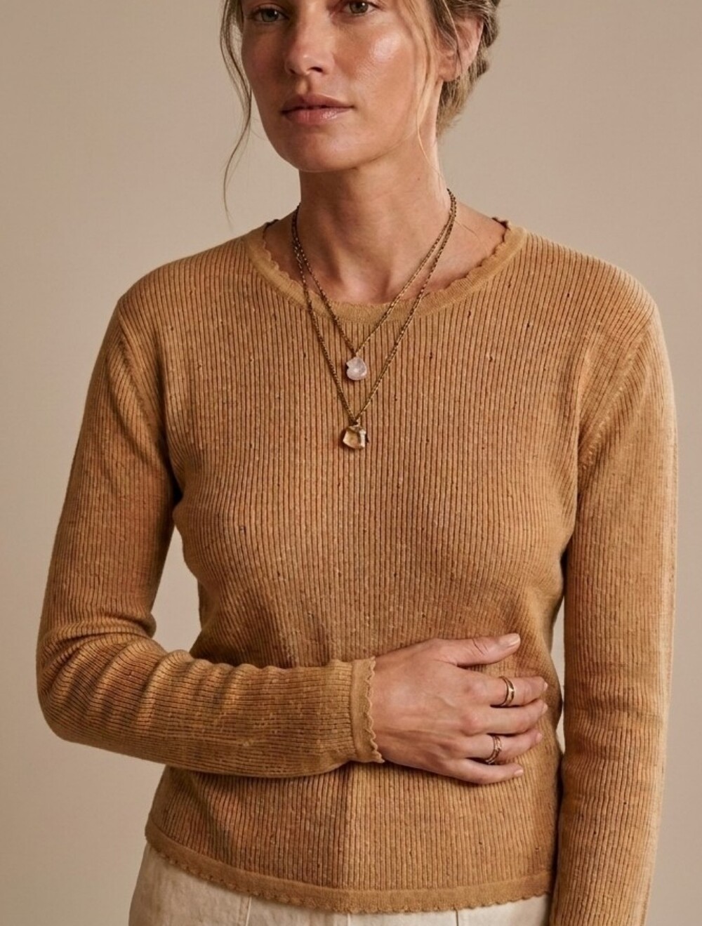 Vintage Ribbed Pointelle Knit Sweater Top Tan Gold Shiny Large